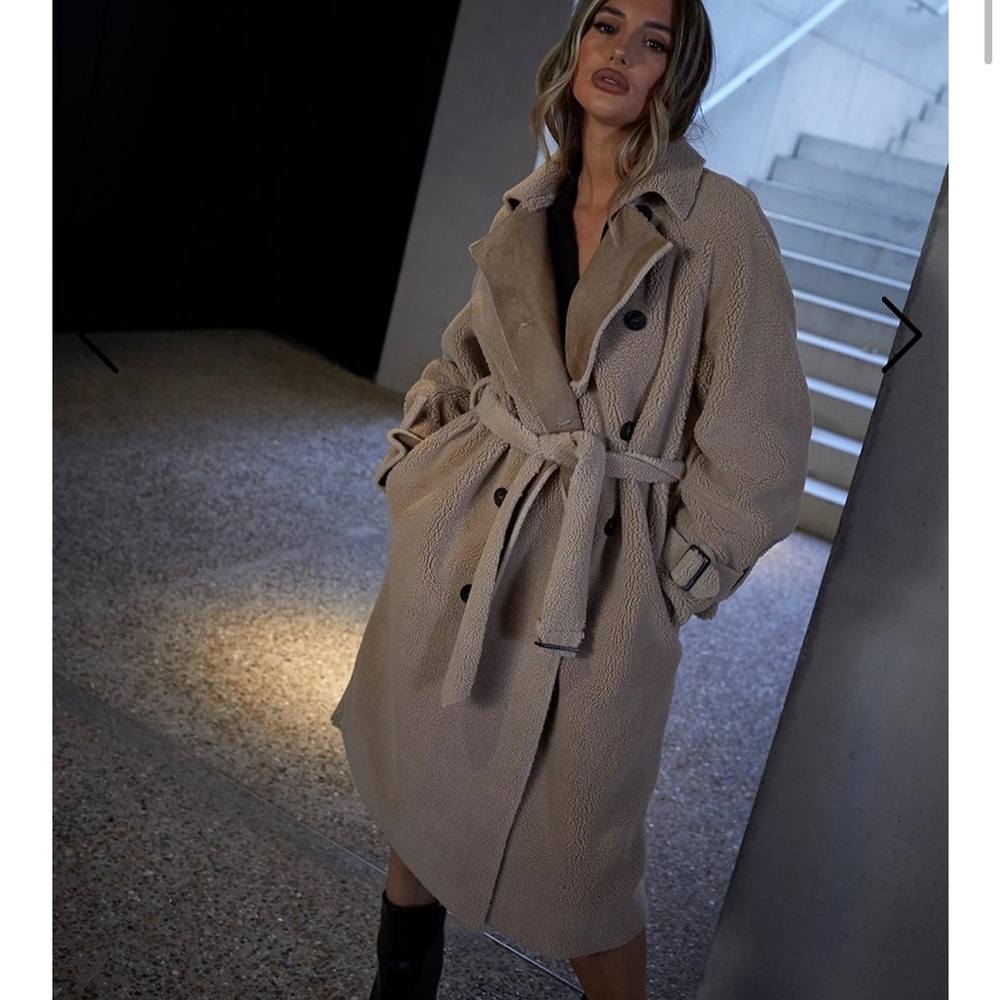 Miss Pap camel teddy shearling fur tie waist trench coat